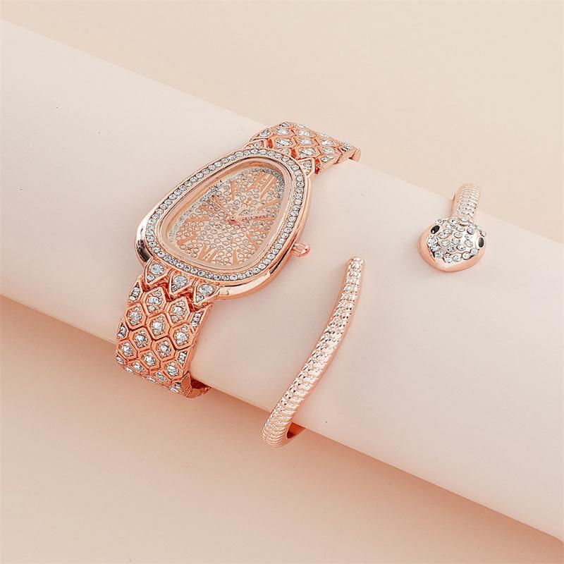 

2 шт./комплект женские кварцевые часы со стразами в виде змеи браслет наручные часы ярко-розовый
