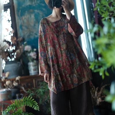 Women Vintage T-Shirts Floral O-Neck Long Sleeve Loose Fall Button Women T-Shirts