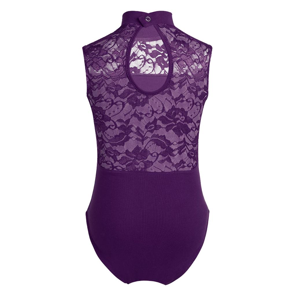 Kids Girls Ballet Dance Gymnastics Leotard Lace Turtle Neck Lace Back Sleeveless