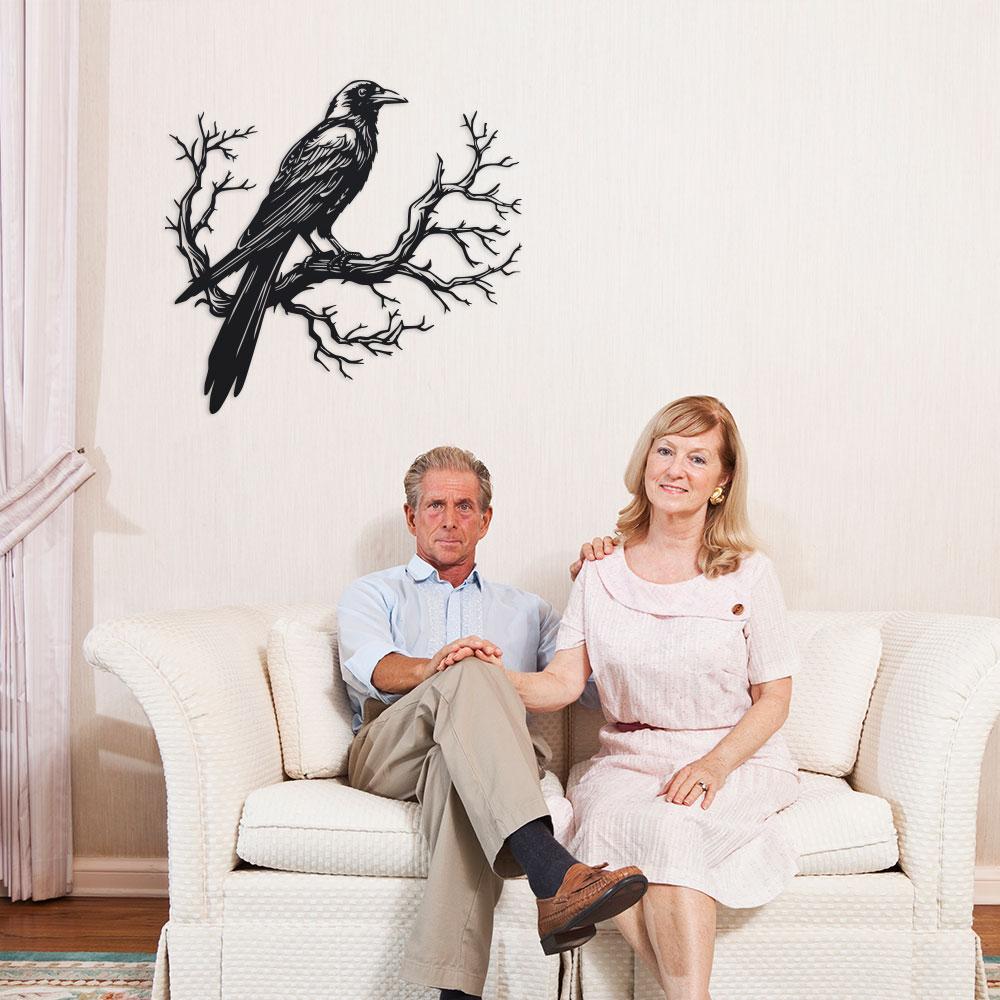 1pc Metal Piece Raven on Tree Branch Metal Wall Art, Black Silhouette Bird Decor, Durable Iron Wall Decoration