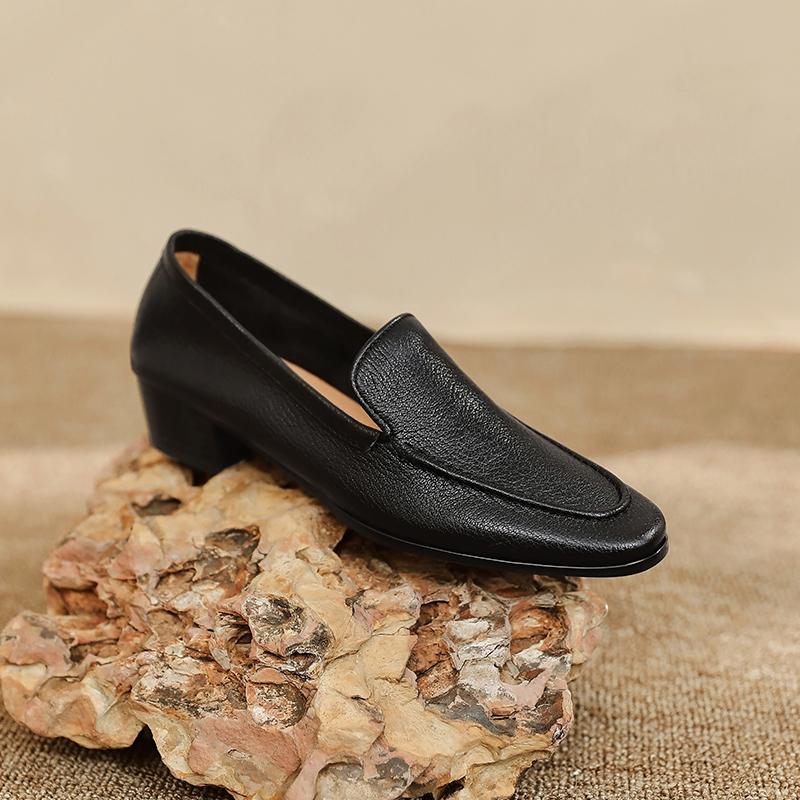 Fashion 2025 Hot Sale Slip-on Genuine Leather Women Shoes Pumps Square Toe Med Thick Heels Soft Upper Pumps Office Ladies Dress Shoes