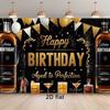 2D Elegant Black and Gold Backdrop, Whiskey Theme "Happy Birthday" Background for Cocktail Parties