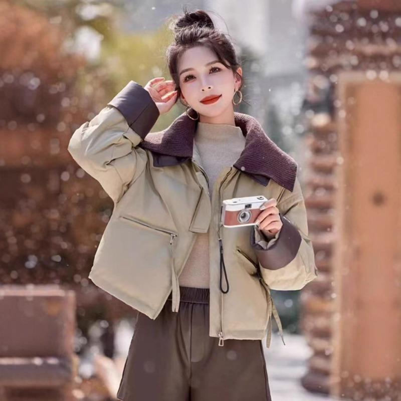 Women's short down cotton-padded jacket knitted lapel cotton-padded jacket versatile bread jacket small jacket