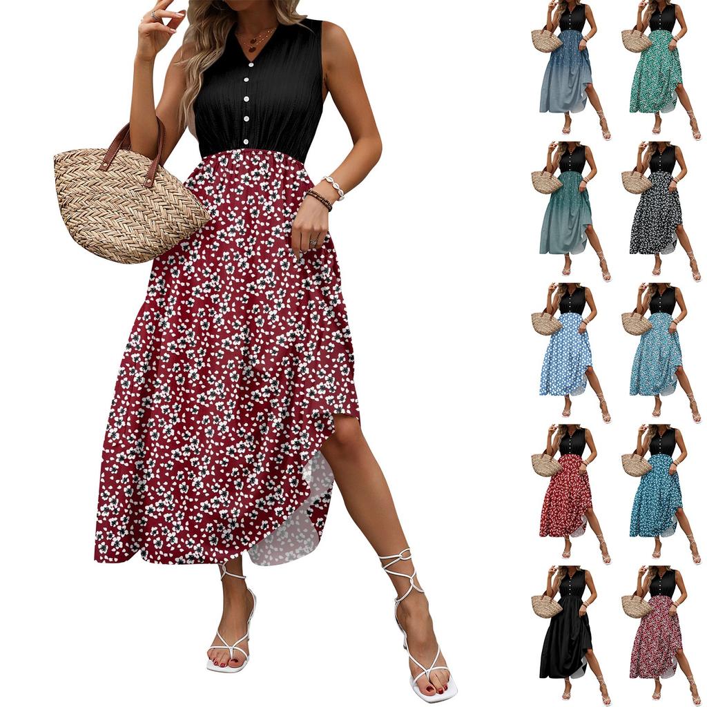 Women's Casual And Fashionable V-neck  Sleeveless Printing Mid Length Dress