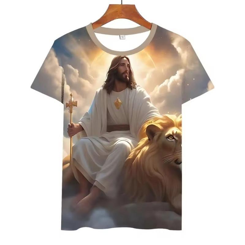 Męski T-shirt z nadrukiem na całej powierzchni z grafiką Jezusa i lwa, topy, casualowy T-shirt z krótkim rękawem i okrągłym dekoltem, letni, oversize, męskie koszulki