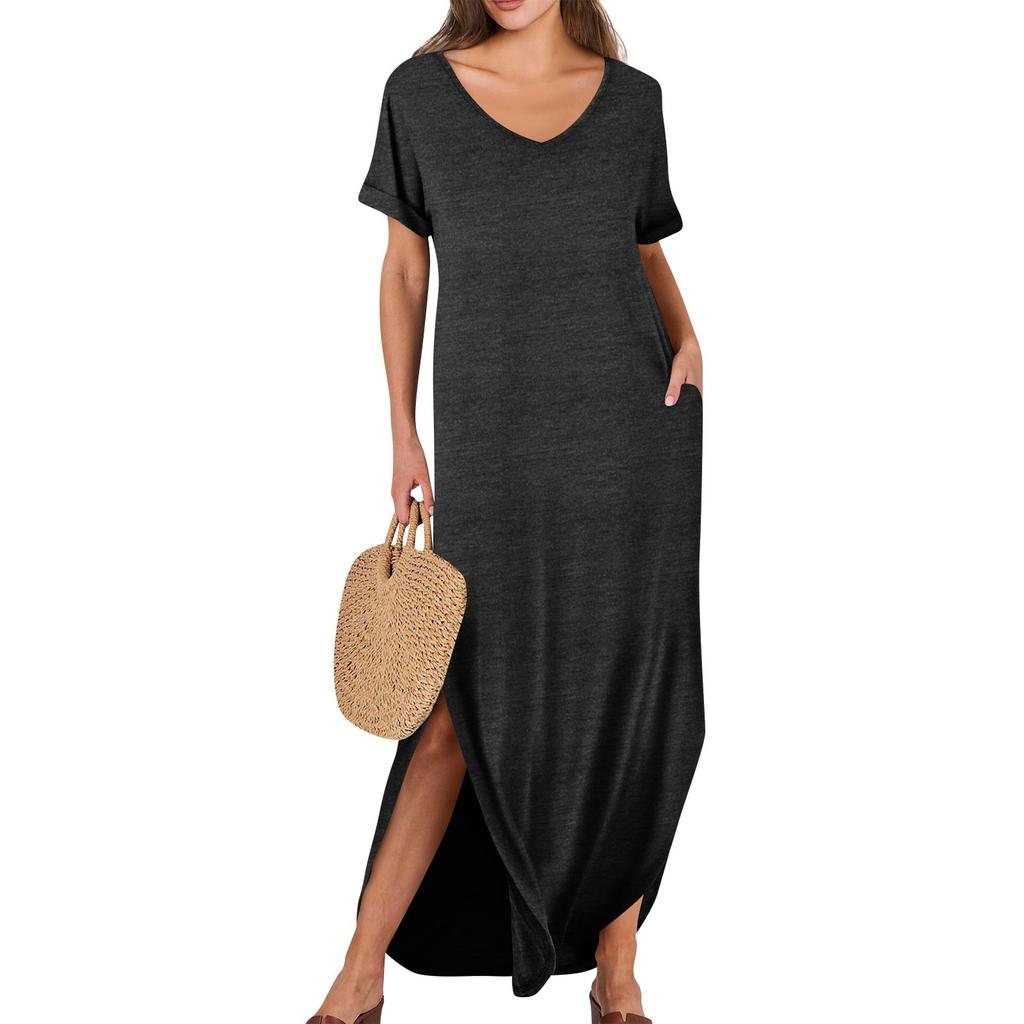 Damen Sommerkleid V-Ausschnitt Kurzarm Strandkleid Maxikleid Lang Kleider Casual Loose Fit Elegant Sommerkleid