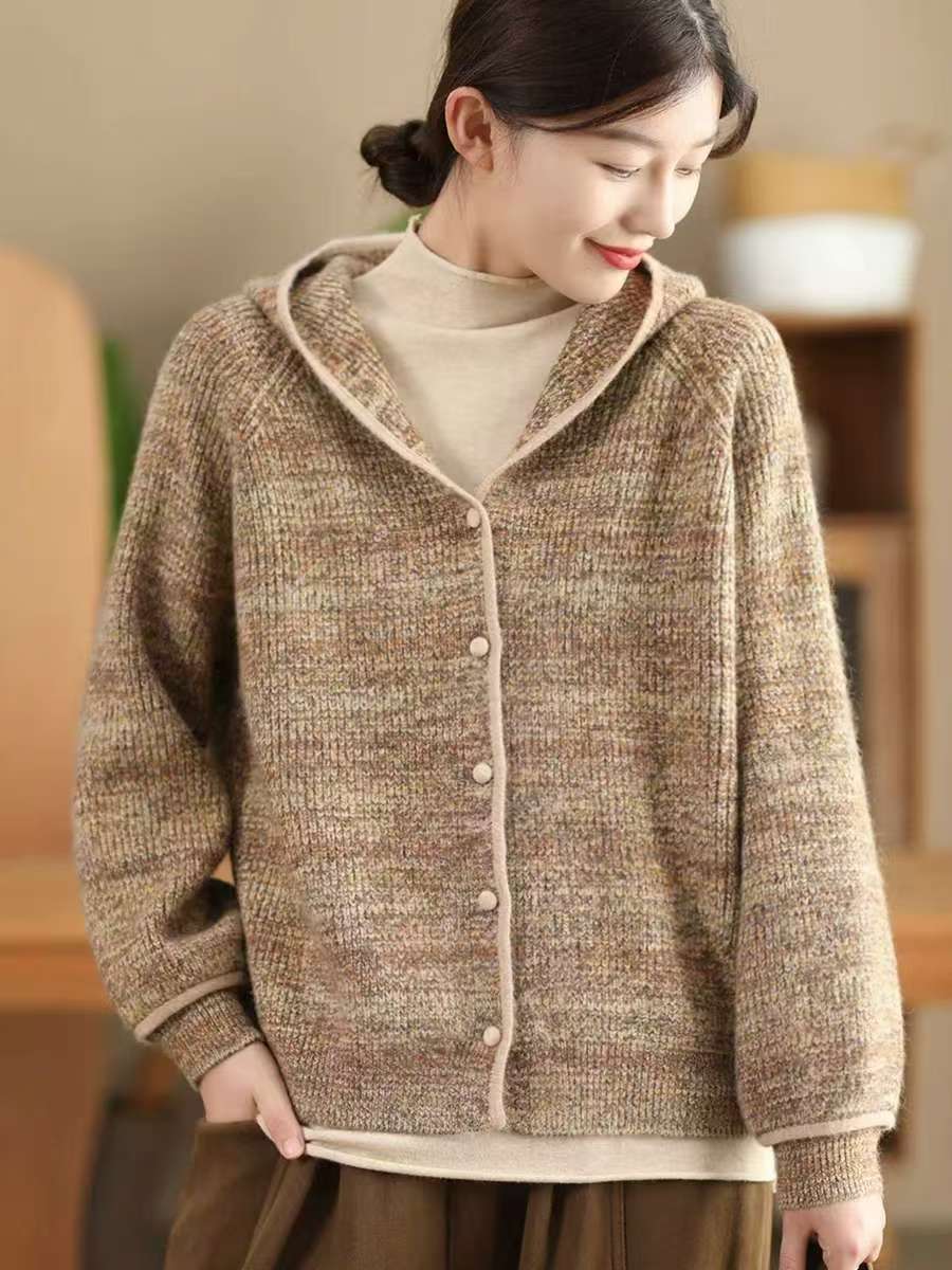 

Johnature Personality с капюшоном однобортный свитер женский зимний нишевый свободный модный свитер с длинными рукавами One Size кофейный