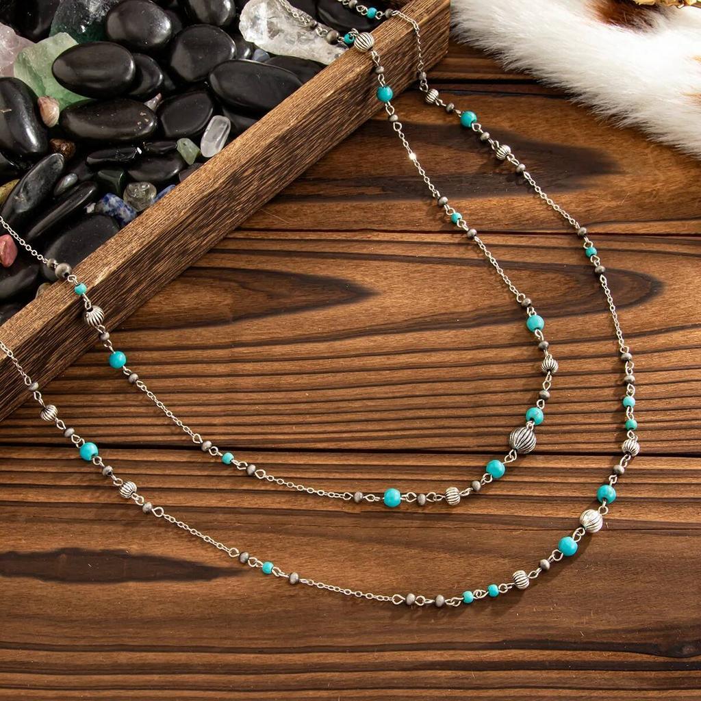 Ingemark 2Pcs/Set Vintage Bead Chain Long Necklace for Women Ethnic Imitation Pearl Stacked Sweater Chain Party Jewelry Gifts