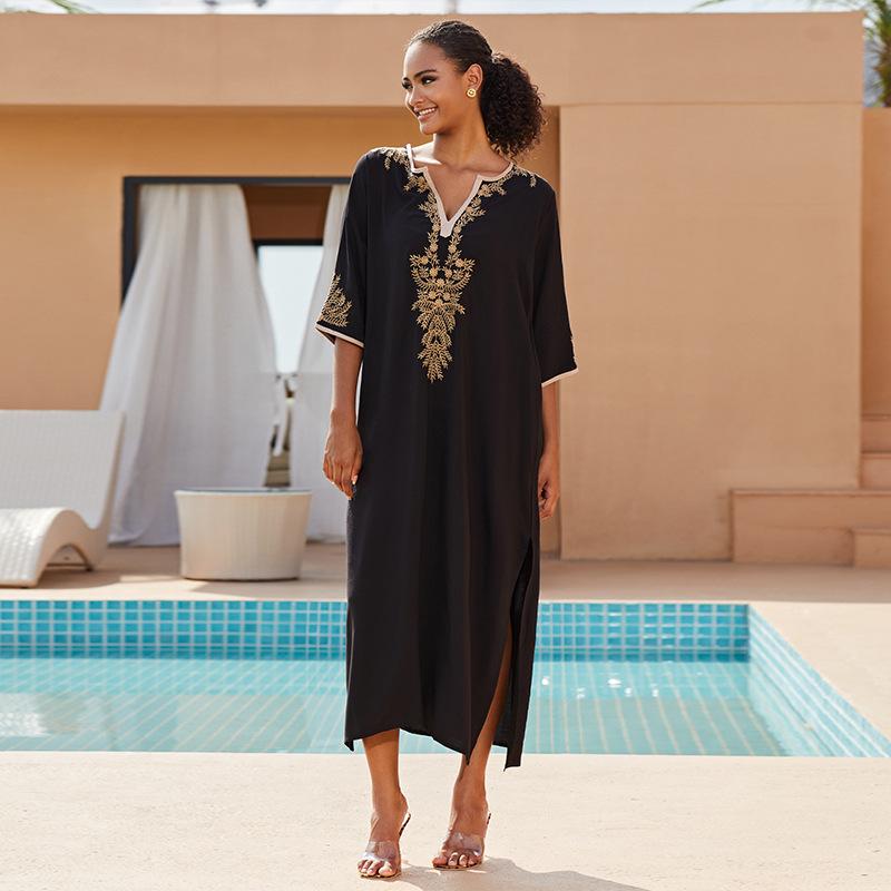 

Европейско-американское хлопковое вышитое пляжное платье-накидка One Size