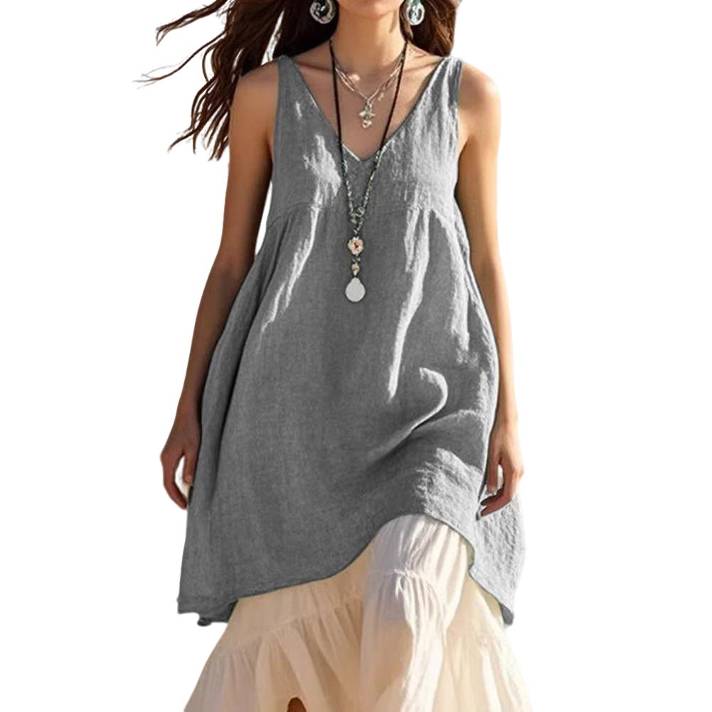 Women's Retro Minimalist Solid-Color V-Neck Casual Loose-Fit Sleeveless Long Tank Top Cotton-Linen Beach Dress