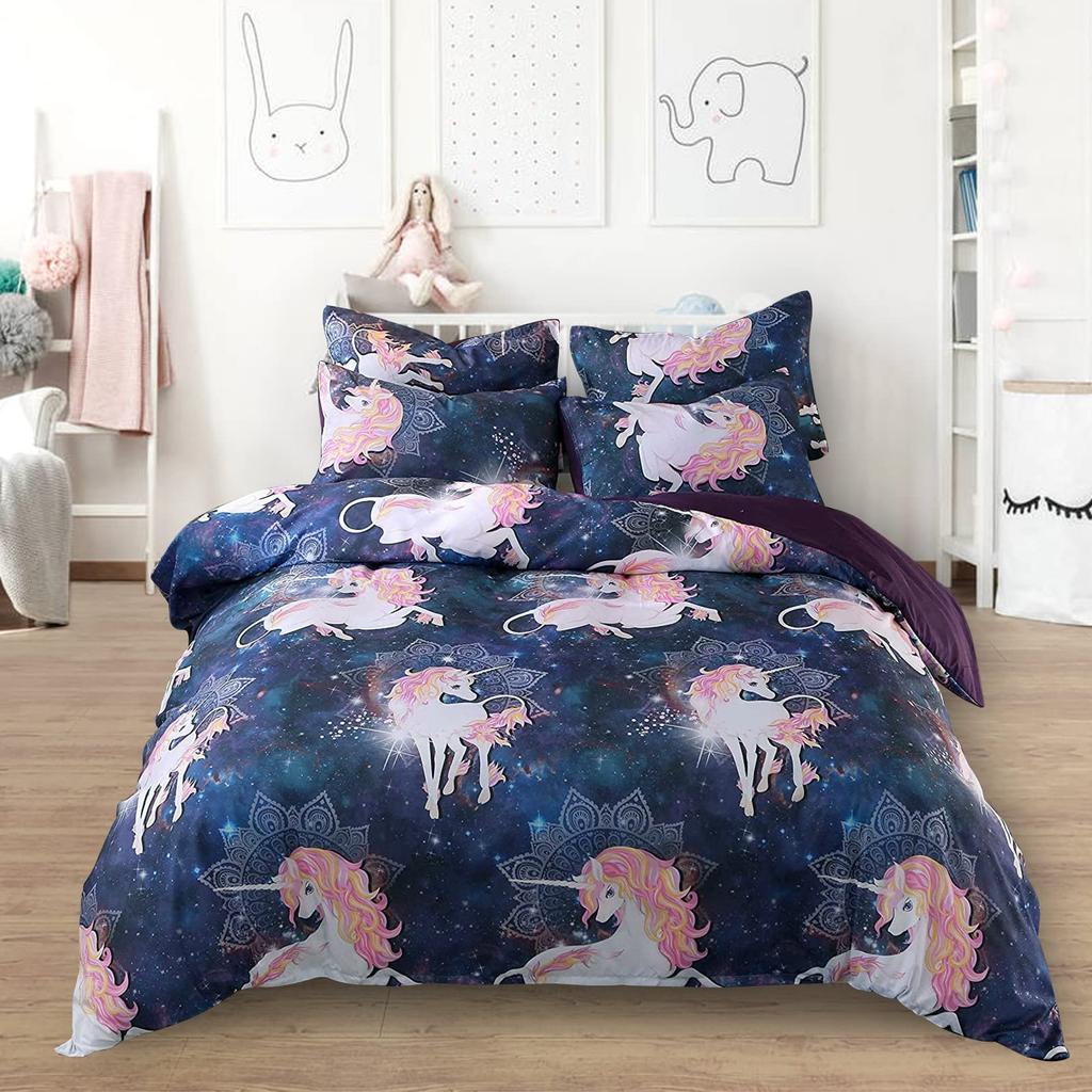 Unicorn Duvet Cover Set Purple Aqua Unicorn Bedding Set Full Size Rose Unicorn Flower Dreamy Cartoon Sparkle Lilac Bedspread