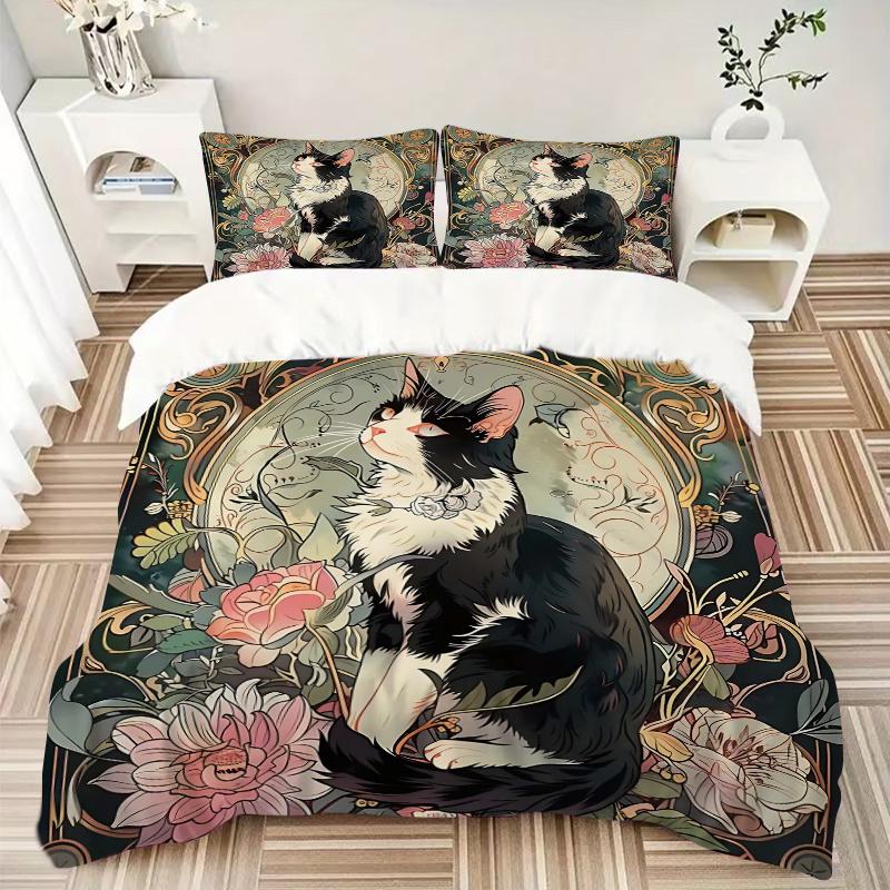 3pcs Black and White Cat Bedding Set, Includes 1 Quilt Cover and 2 Pillowcases, Comfortable Bedding with Stylish Design for Bedroom