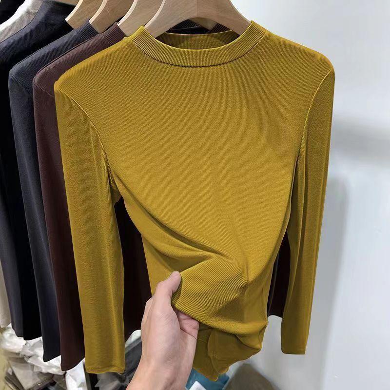 Herbst Winter Neue Modische Stilvolle Deutscher Samt Stehkragen Innen Weiß Basis Hemd Damen Slim Fit Langarm T-Shirt Top