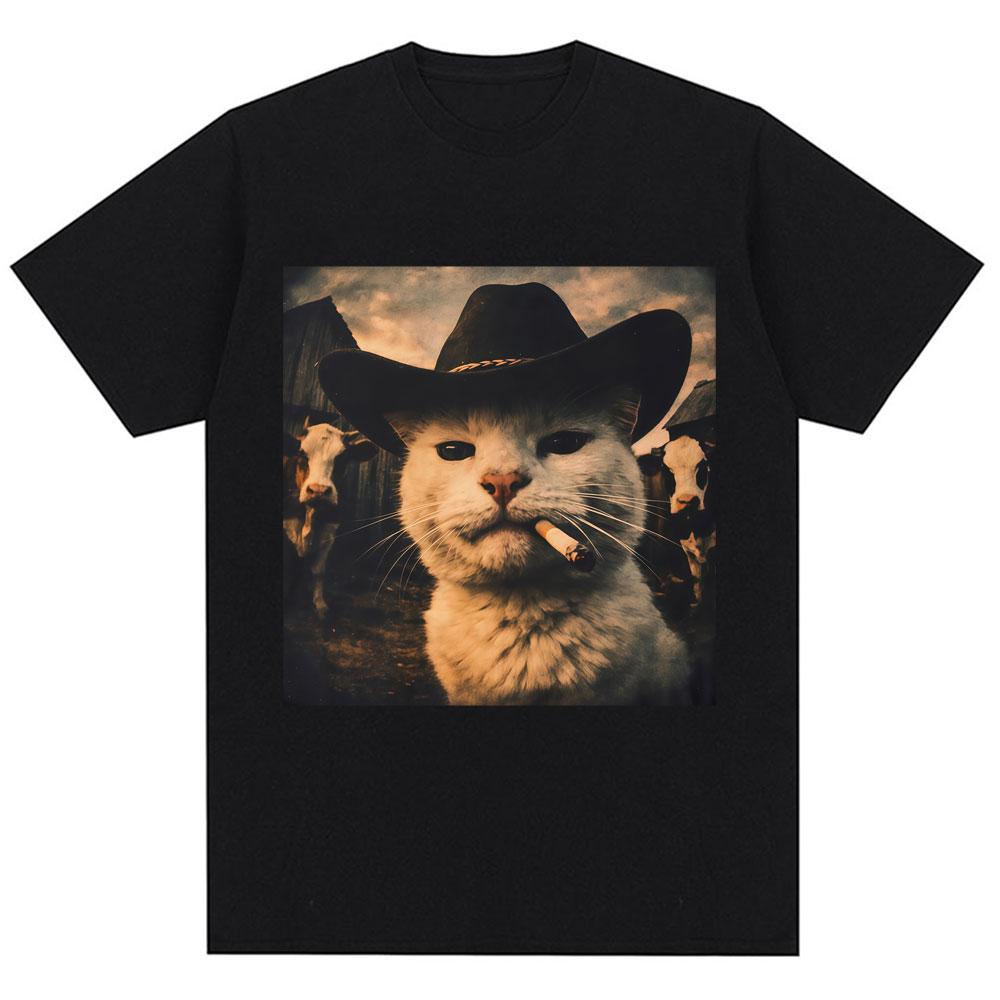 Funny Cowboy Cat Meme Graphic T Shirts Unisex Fashion Kawaii Vintage Tshirt Oversized Casual High Quality Tshirts