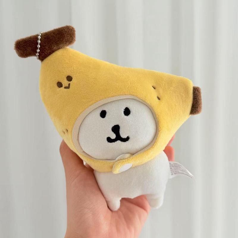 Selbstironische Bärenkopfbedeckung und Kleidung für niedliche 10cm Bananenpuppe - Plüschpuppen-Kostüm und Zubehör-Set