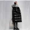 2023 Women's Korean Style Over-the-Knee Black Cotton Coat with Fur Collar