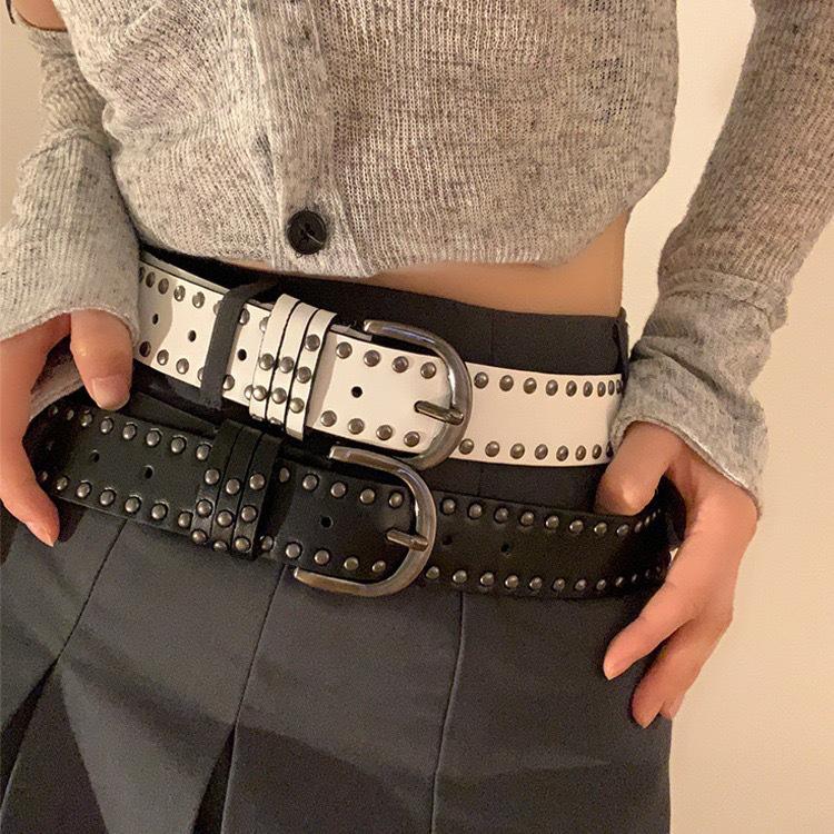 Black Rivet Skinny Waist Belt Set: Women's American Retro Accessory for Dresses and Pants - Sweet and Cool Style.