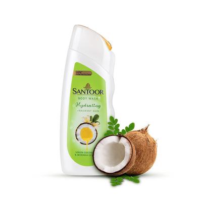 Santoor Hydrating Skin Body Wash, Enriched With Virgin Coconut Oil & Moringa Extracts, Soap-Free, Paraben-Free, pH Balanced Shower Gel, 230ml