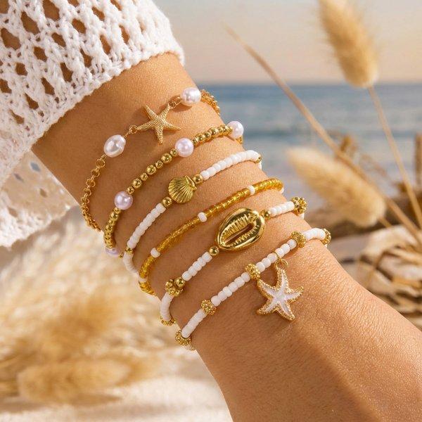 Boho-Mehrlagen-Perlenarmband-Set für Damen Sommer Ozean Strand Seestern Muschel Anhänger Elastische Armreifen Urlaubs Schmuck