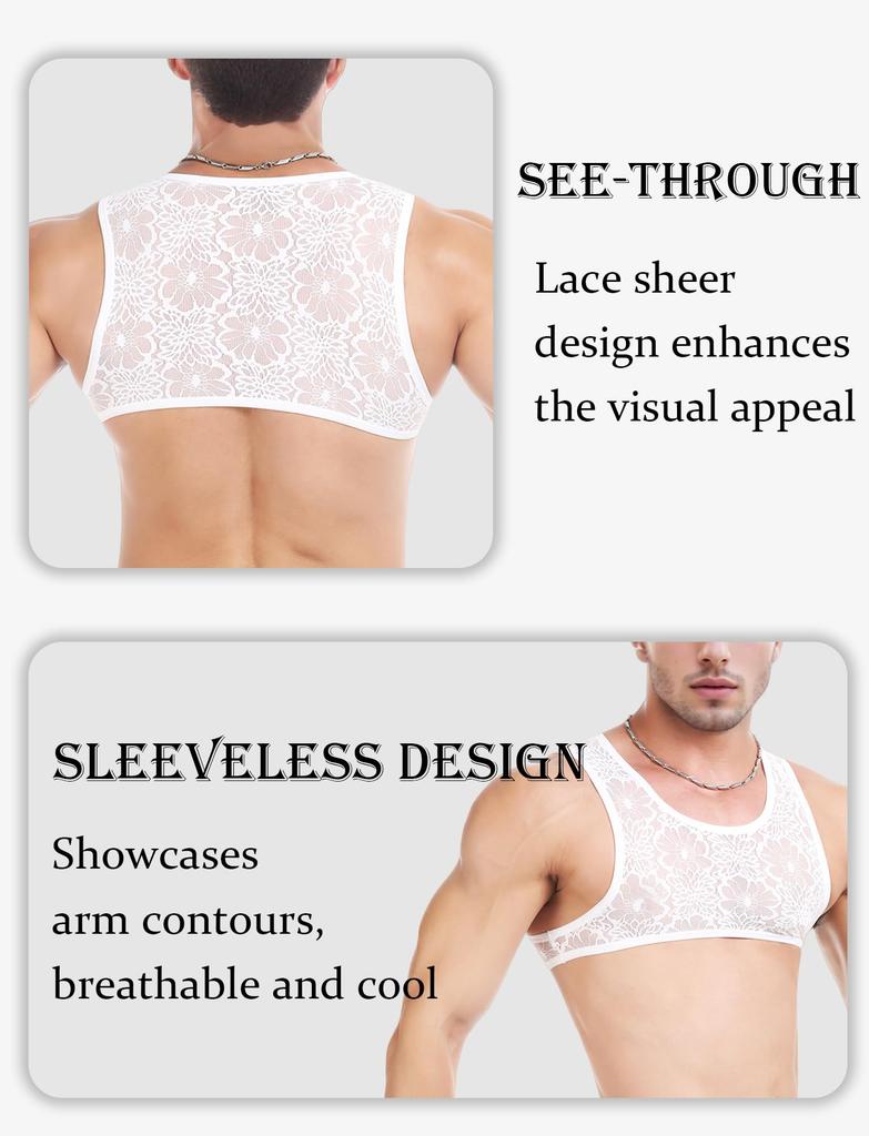 Seksowne Koronkowe Podkoszulki Tank Top z Kwiatową Przezroczystością i Oddychającym Rozciągliwym Materiałem Rozmiar XL Męskie Nadruki, Kamizelka, Koszula, Bez Rękawów, Modelujące Mięśnie, Białe,