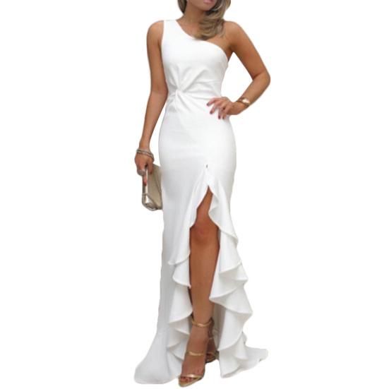 Women Sexy One Shoulder Ruffle Large Swing Slit Evening Party Slim Maxi Dress