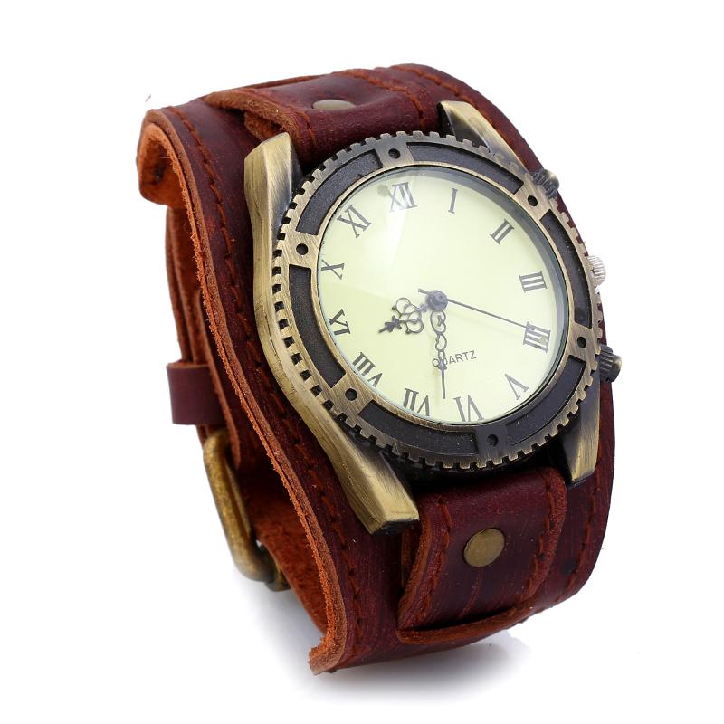 Relogio Retro Big Wide Genuine Leather Strap Watch Men Punk Quartz Cuff Watch Wristwatches Bracelet Unusual Wrist Watch