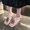 Fashion New Crystal Flower High-heeled Slippers for Ladies Clip-toe Square Toe Sandals Simple Thin Heels Designer Party Shoes for Ladies