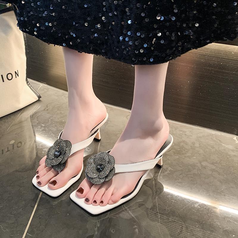 Fashion New Crystal Flower High-heeled Slippers for Ladies Clip-toe Square Toe Sandals Simple Thin Heels Designer Party Shoes for Ladies