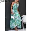 BITCED Dámské letní dlouhé šaty s výstřihem do V, na špagetová ramínka, bez rukávů, s potiskem a plnou sukní