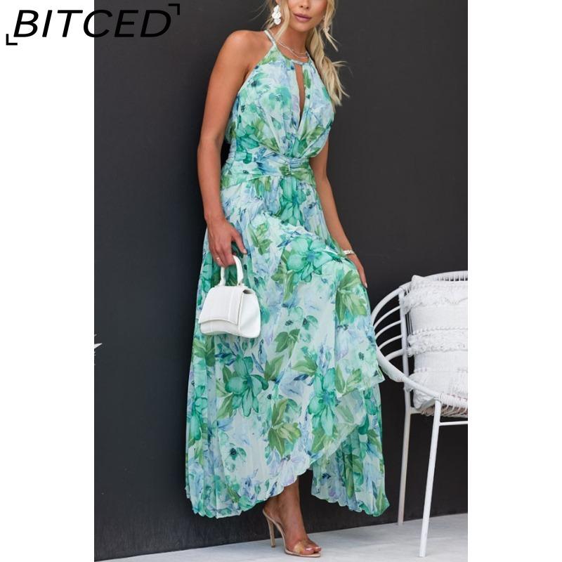 BITCED Dámské letní dlouhé šaty s výstřihem do V, na špagetová ramínka, bez rukávů, s potiskem a plnou sukní
