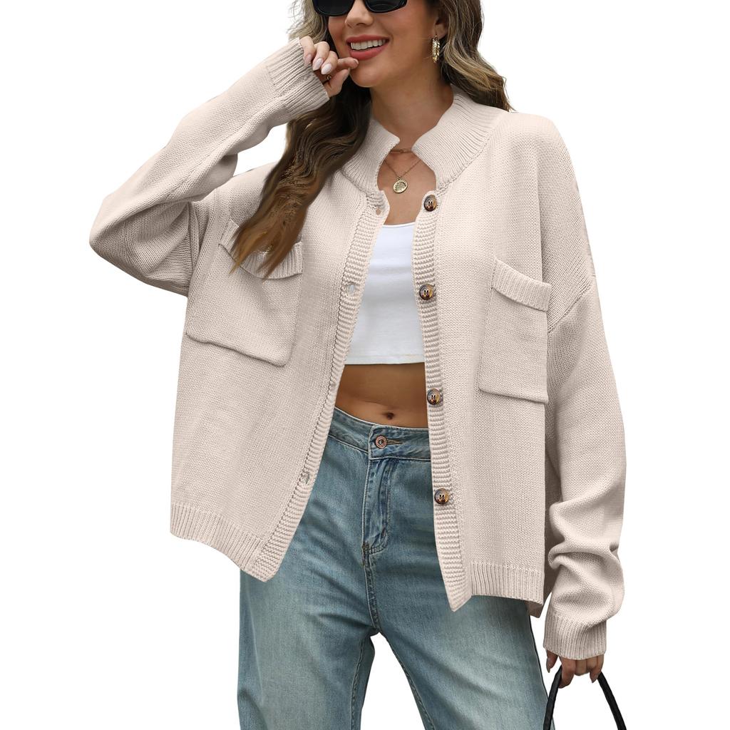 Women's Solid Color Round Neck Bat-Sleeve Knitted Cardigan Button Sweater