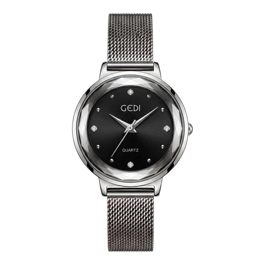 Gedi Elegant Mesh Strap Women's Quartz Watch with Faceted Diamond Markers, Waterproof and Versatile for Everyday Wear.