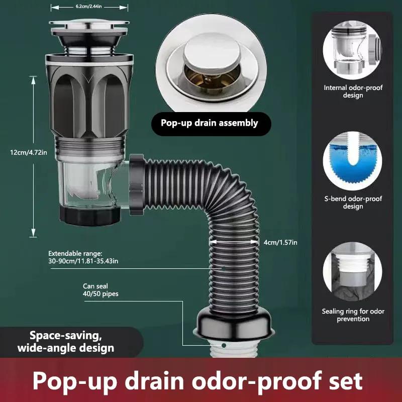 Universal Flip Stainless Steel Washbasin Washbasin Sink Wall Drainage Pipe Anti Odor Drainage Pipe Kitchen Bathroom Accessories