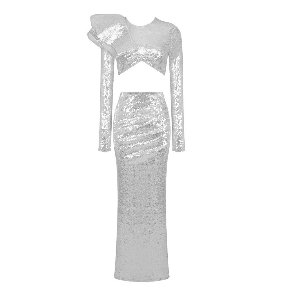 Spring and Autumn European-American Women's Two-Piece: Silver Sequin Long Skirt and Top