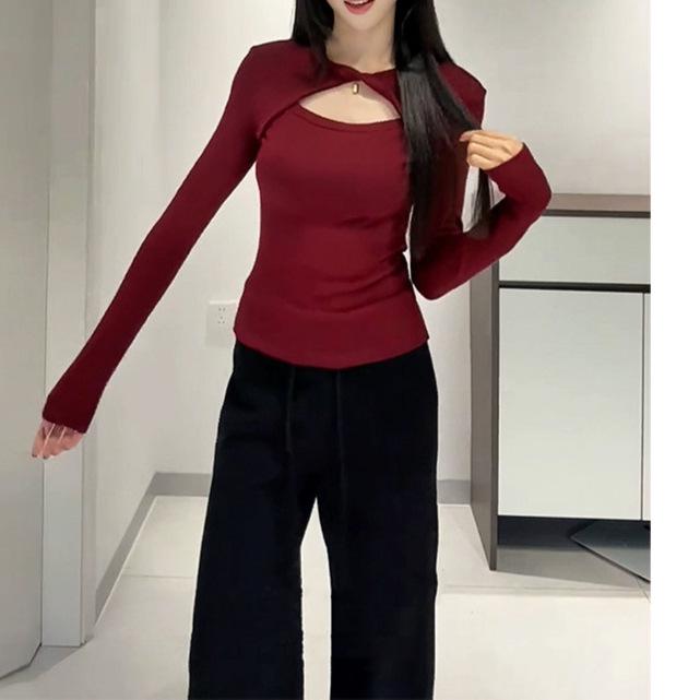 Autumn Winter Women's Ribbed Plush Hollow Out Long Sleeve Base Layer Shirt