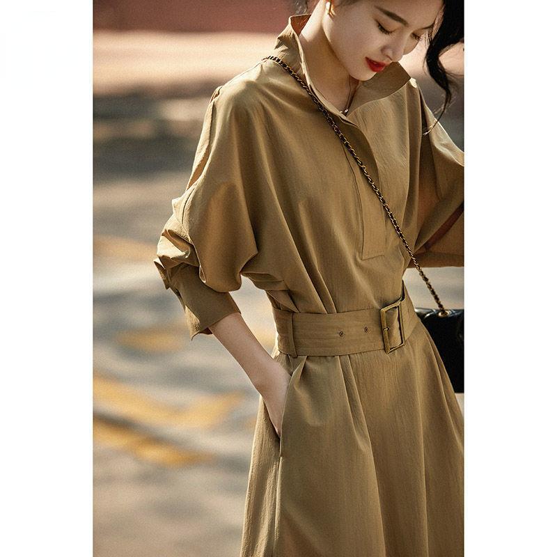 Fashionable and Elegant Solid-color Dress with Lapel Collar and Waistband for Women