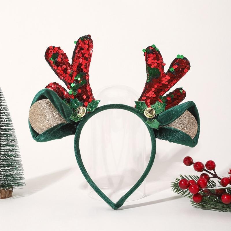 Christmas Sequined Reindeer Antler Bells Hairband Soft Fabric Headpiece For Kids Adults Holiday Party Accessory