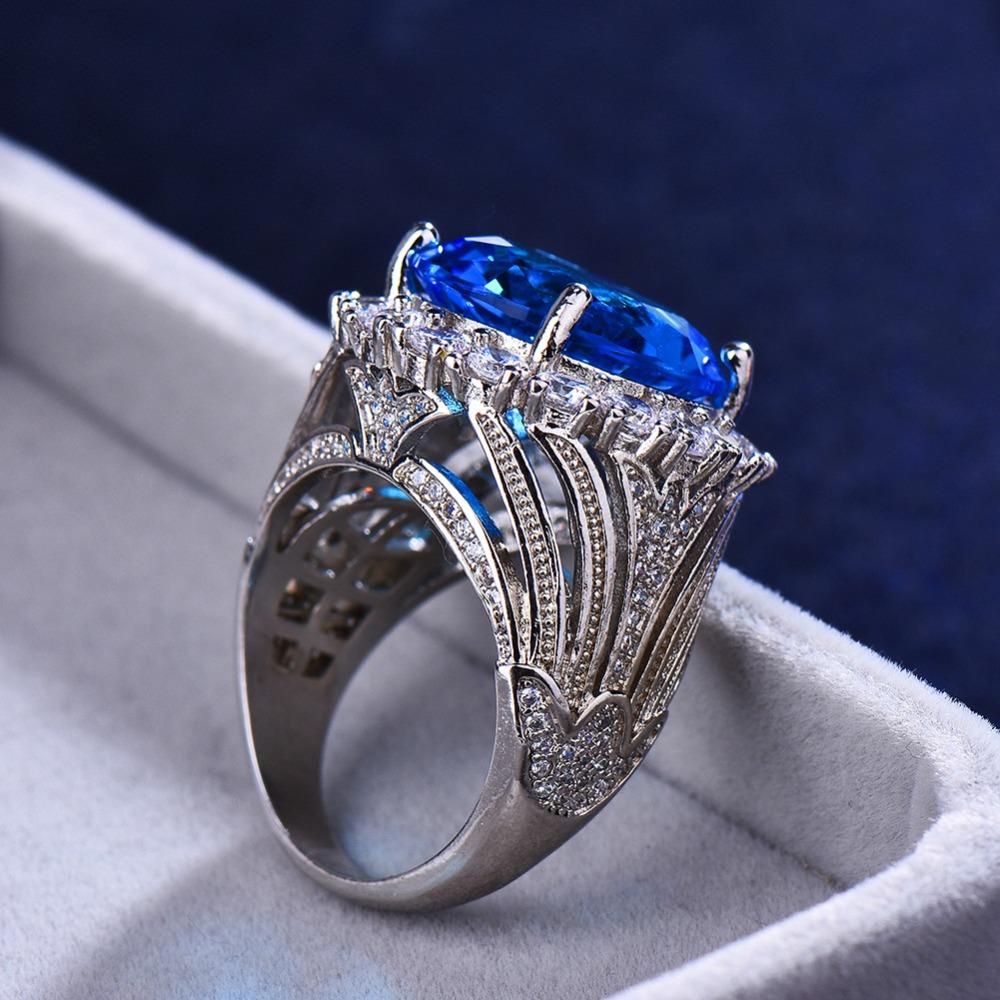 Luxury Female Big Blue White Zircon Stone Ring Silver Color Wedding Jewelry For Women