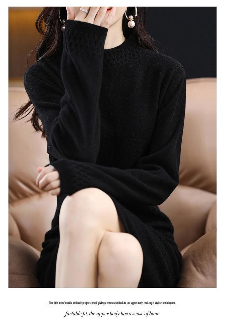 Women's Pure Wool High-Neck Midi Knit Dress - Thickened Slimming Base Layer for Autumn/Winter