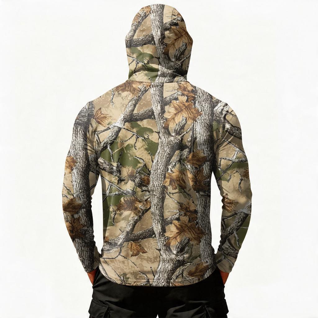 Men's Casual Leaf Camouflage Print Hooded Long Sleeve Sun Protection Shirt Lightweight Breathable Outdoor Pullover Top