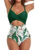 European American Color Block Spliced Cutout One-Piece Swimsuit with Adjustable Cross Tie-Up.