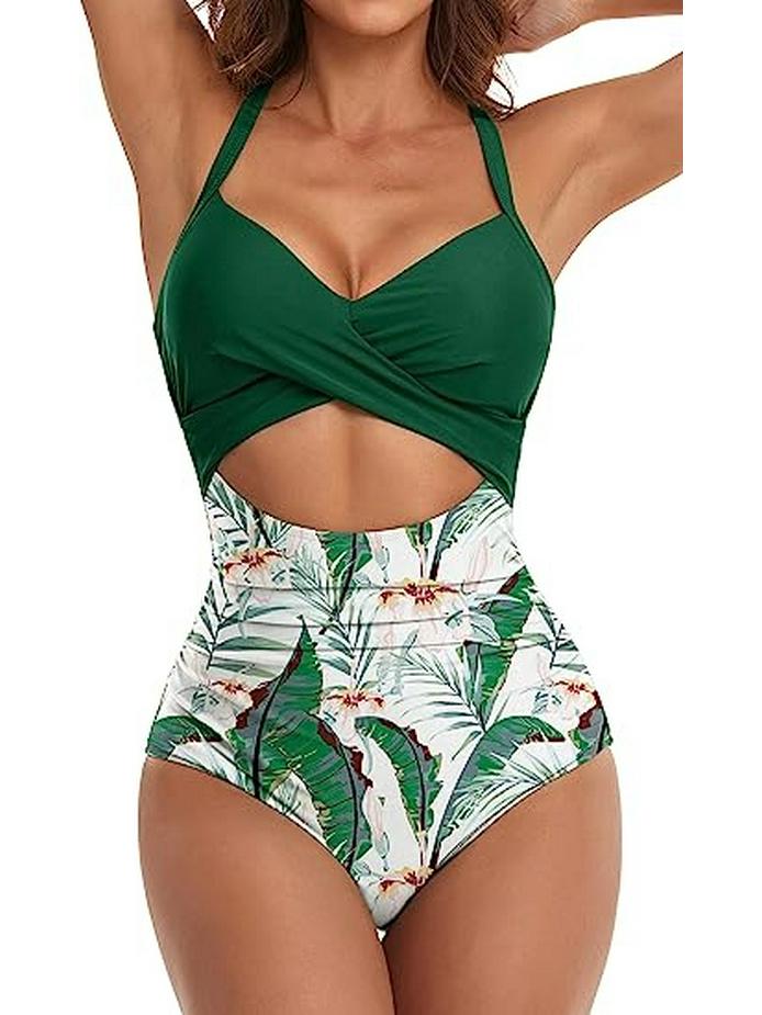 European American Color Block Spliced Cutout One-Piece Swimsuit with Adjustable Cross Tie-Up.