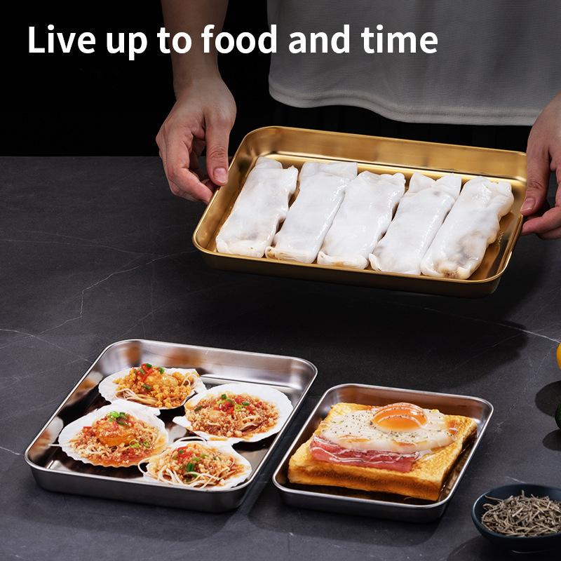 304 Stainless Steel Rectangle Tray Large Capacity Metal Food Serving Pan Steamed Rice Sausage Plate Kitchen BBQ Storage Trays