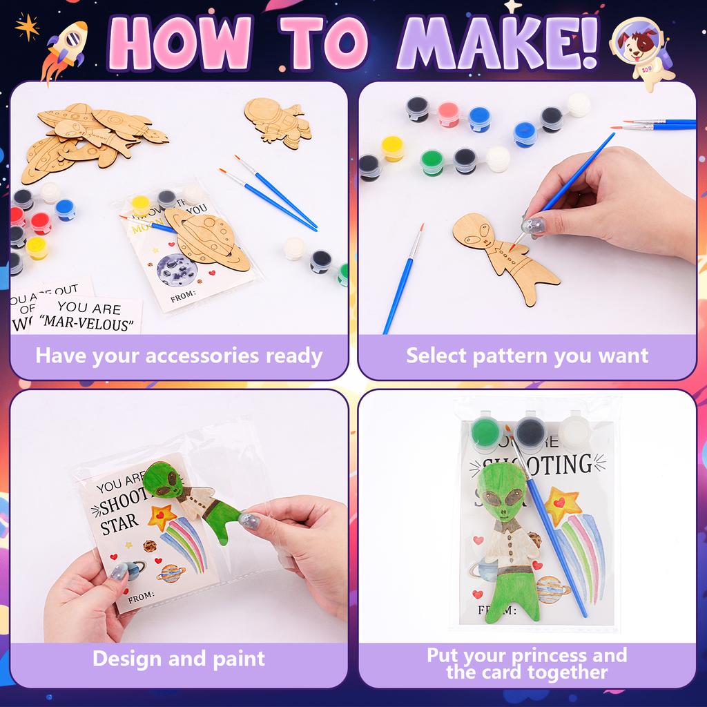 12 Pcs Astronaut Space Birthday Theme Party Favors Wooden Painting Crafts Kits Bulk With Game Cards Paint Brushes Decorations Fo