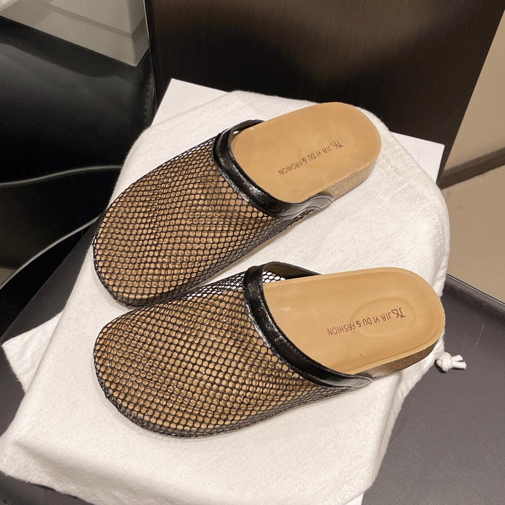Thick Bottom Hollow Fishing Net Birkenstocks Slippers Women's 2025 Summer New Cork Flat Bottom Comfortable Bag Head Half Slippers