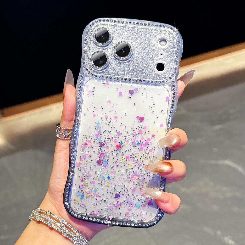For iPhone 17 Pro Max Case Glitter Epoxy Design TPU Protective Case with Sparkly Rhinestone Decor Wave Frame