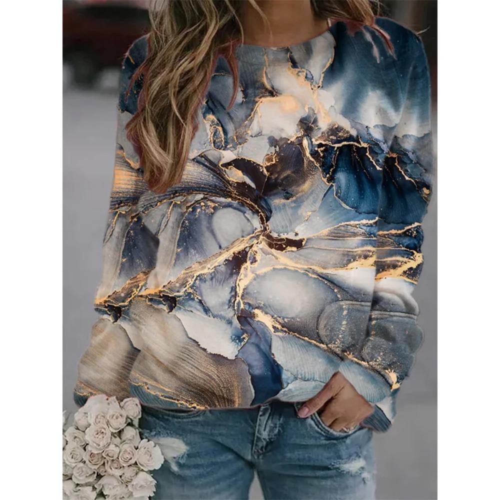 Hot Selling New Marble Texture 3D Printed Women's Casual Round Neck Long Sleeved T-shirt