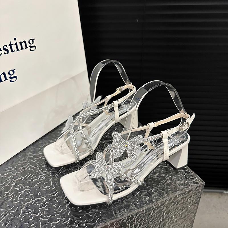 2024 New Solid Color Versatile Summer Retro Women's Shoes Luxury Sandals Women's High Heels Fashion New Low Rhinestones