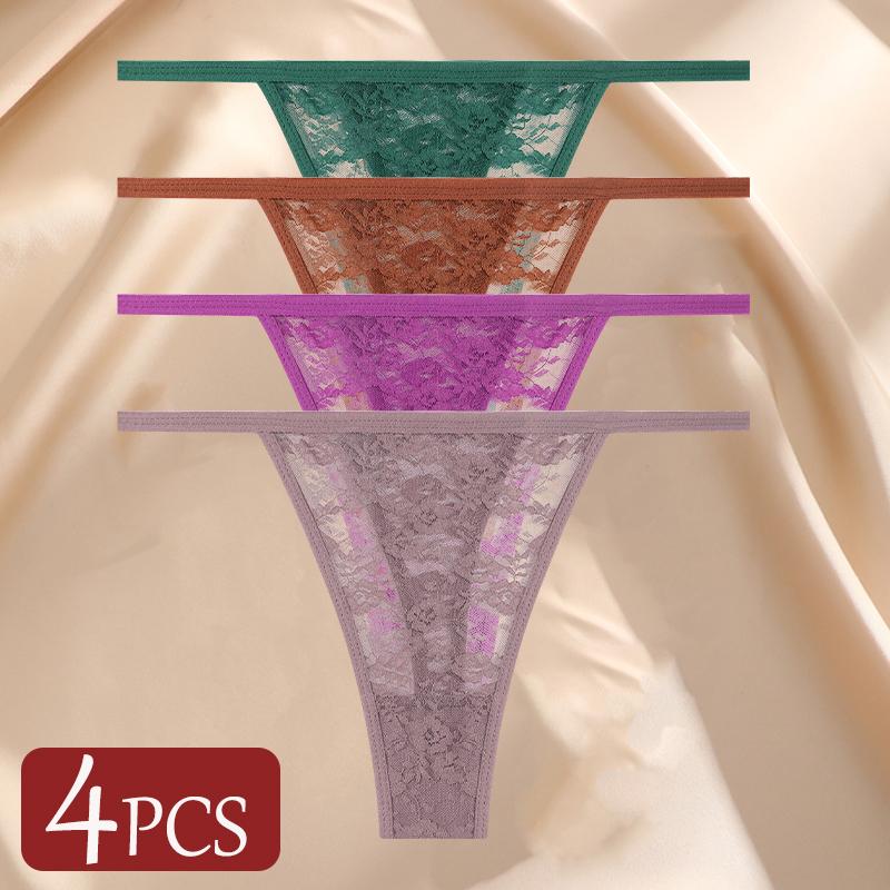 4Pcs/Set Sexy Lace Panties Women Elastic Hollow Out Transparent G-string Thong Female Lace Underpants Perspective Sexy Intimates