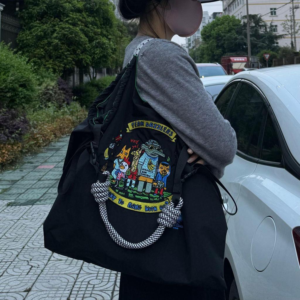 Chinesische Marke Bestickter Schwarzer Oxford-Stoff Shopper - Großes Fassungsvermögen, Vielseitige Nylon-Handtasche